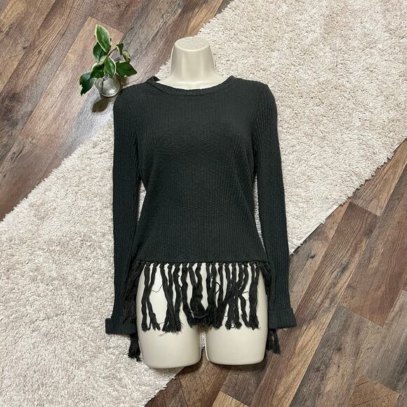 Anthropologie Eri + Ali Size Small Green Ribbed Fringe Crossover Malla Sweater - Picture 2 of 7